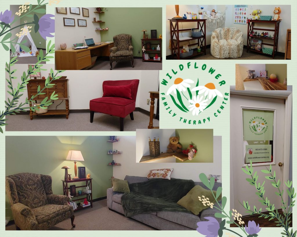 Collage of pictures showing a cozy therapy office, waiting room, therapist's credentials on the wall, comfy sofa, children space and office entrance door along with business logo in the center of the collage. 
