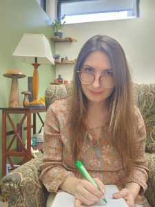 Licensed Marriage and Family Therapist Associate, Maria Barber in her therapist chair at her office located in Beaufort SC.