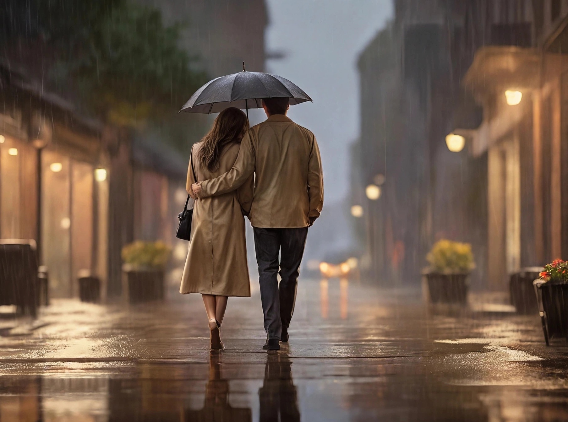 A couple walking together in light rain, side‑by‑side, sharing a quiet moment of connection during a stressful season.